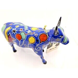 Cow Parade Celebration Figurine Party Cow #9178 Blue Balloons‎ Ceramic 2000-NIB